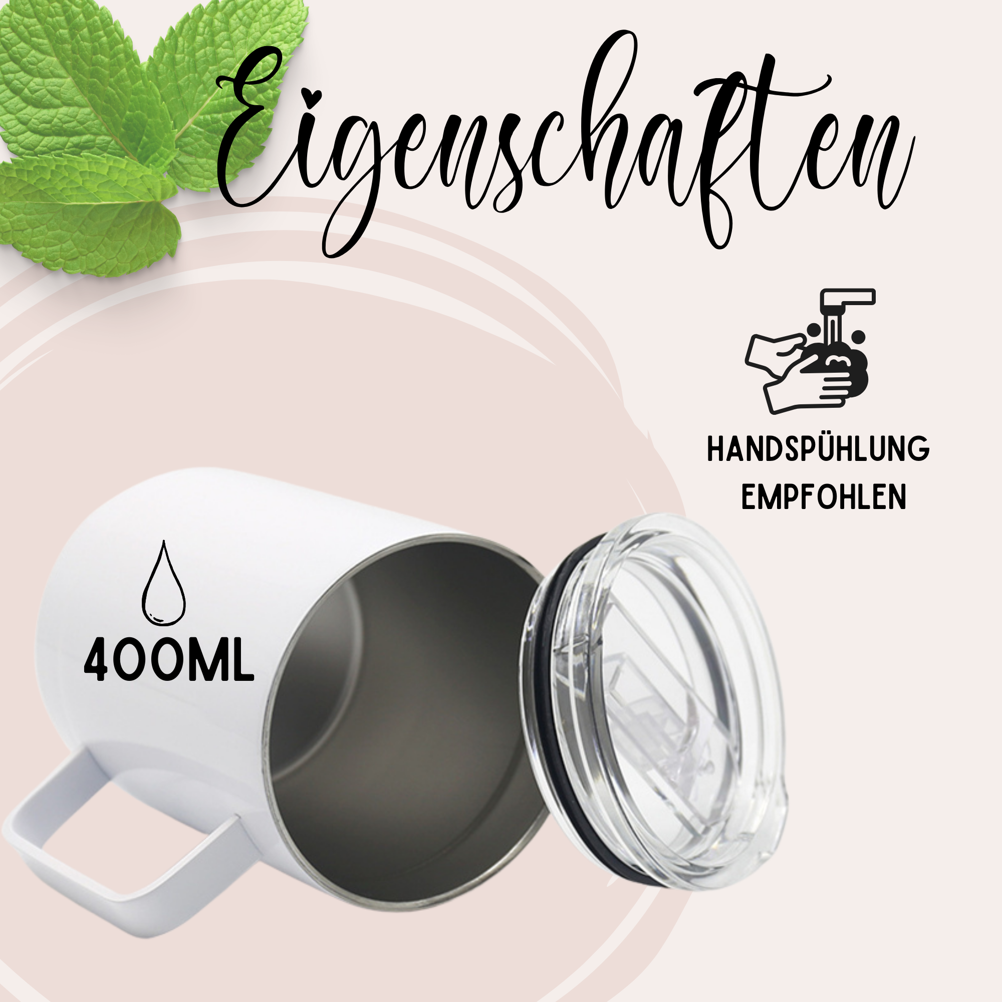 Weißer Becher mit 400ml und transparentem Deckel.