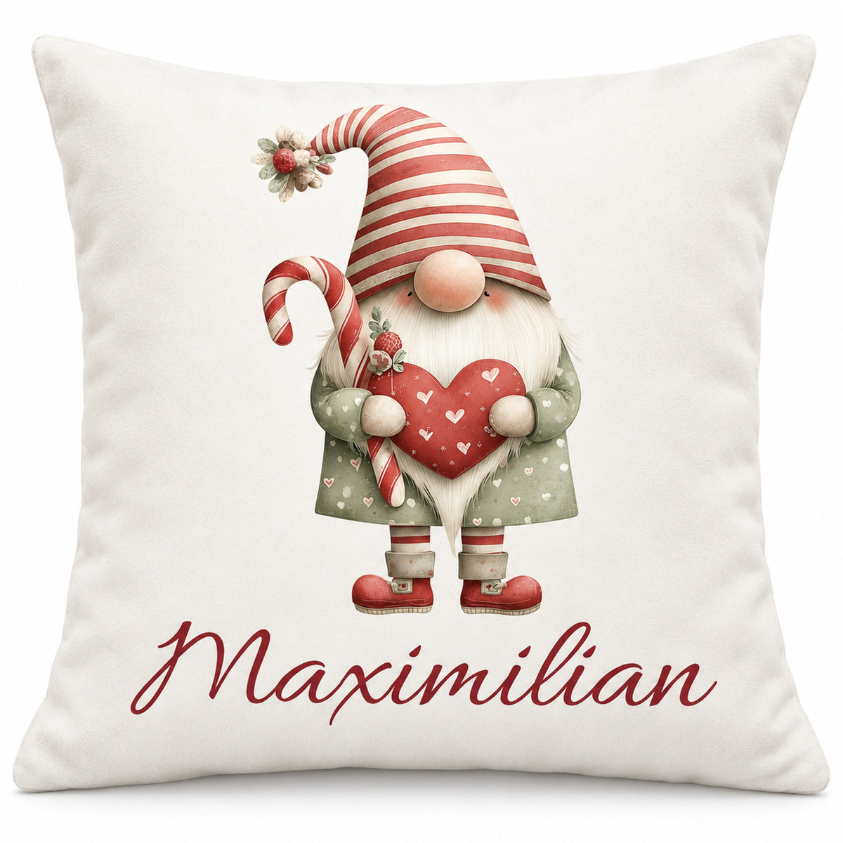 Weihnachtswichtel-Kissenbezug Weihnachtsherz, 40 × 40 cm, mit Beispielname Maximilian: Produktansicht.