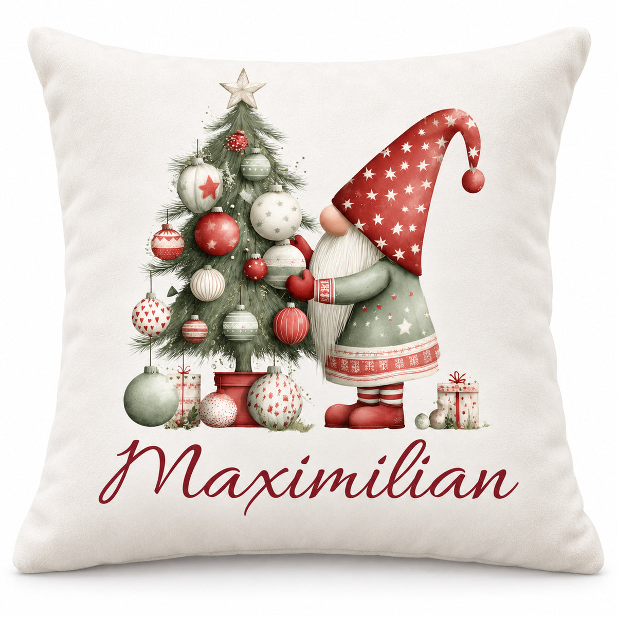 Weihnachtswichtel-Kissenbezug Weihnachtsbaum, 40 × 40 cm, mit Beispielname Maximilian: Produktansicht.