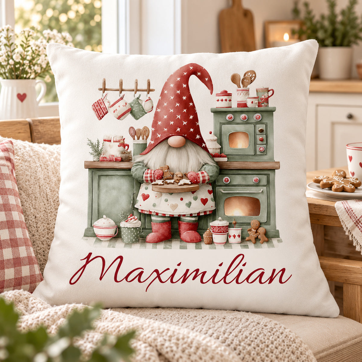 Weihnachtswichtel-Kissenbezug Weihnachtsbäckerei, 40 × 40 cm, mit Beispielname Maximilian: Wohnansicht.