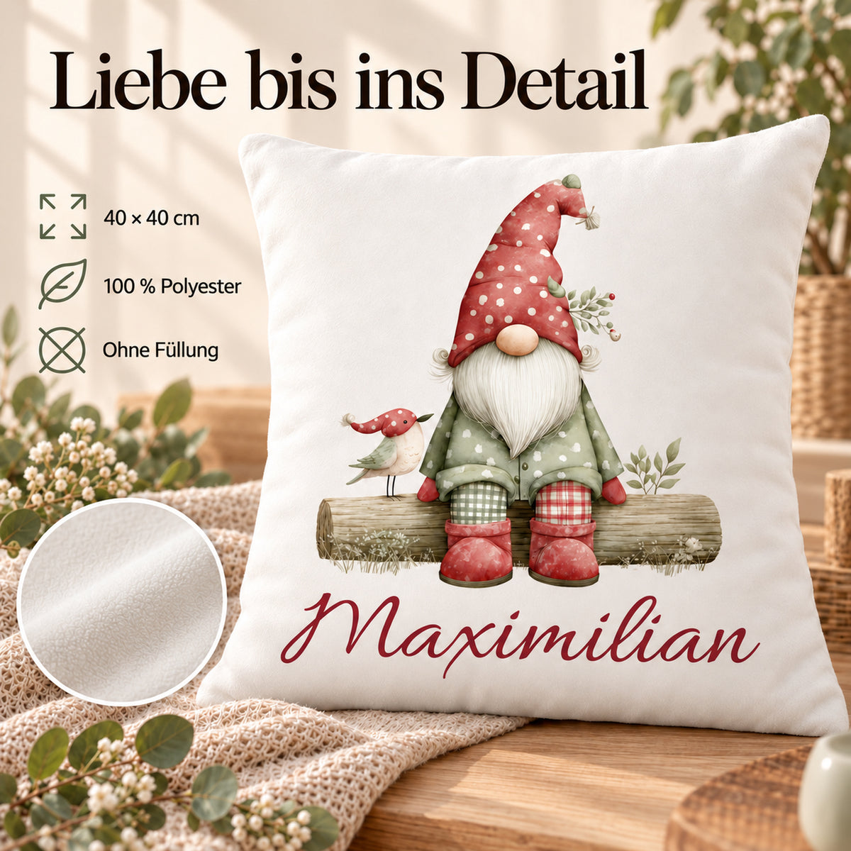 Weihnachtswichtel-Kissenbezug Wintervogel, 40 × 40 cm, mit Beispielname Maximilian: Produktinformationen.