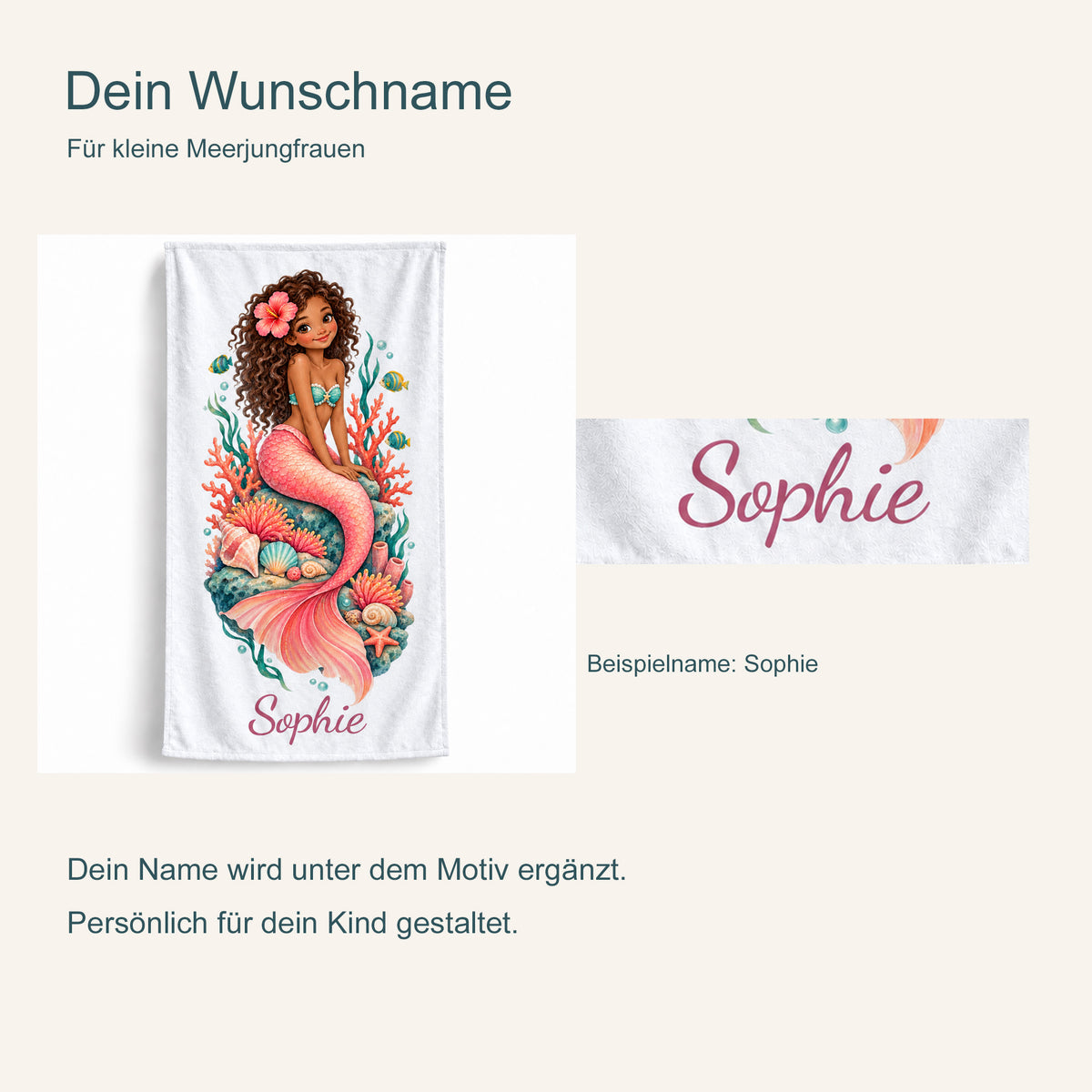 Personalisierung am Handtuch Korallengarten: Gesamtansicht und vergrößerter Beispielname Sophie.
