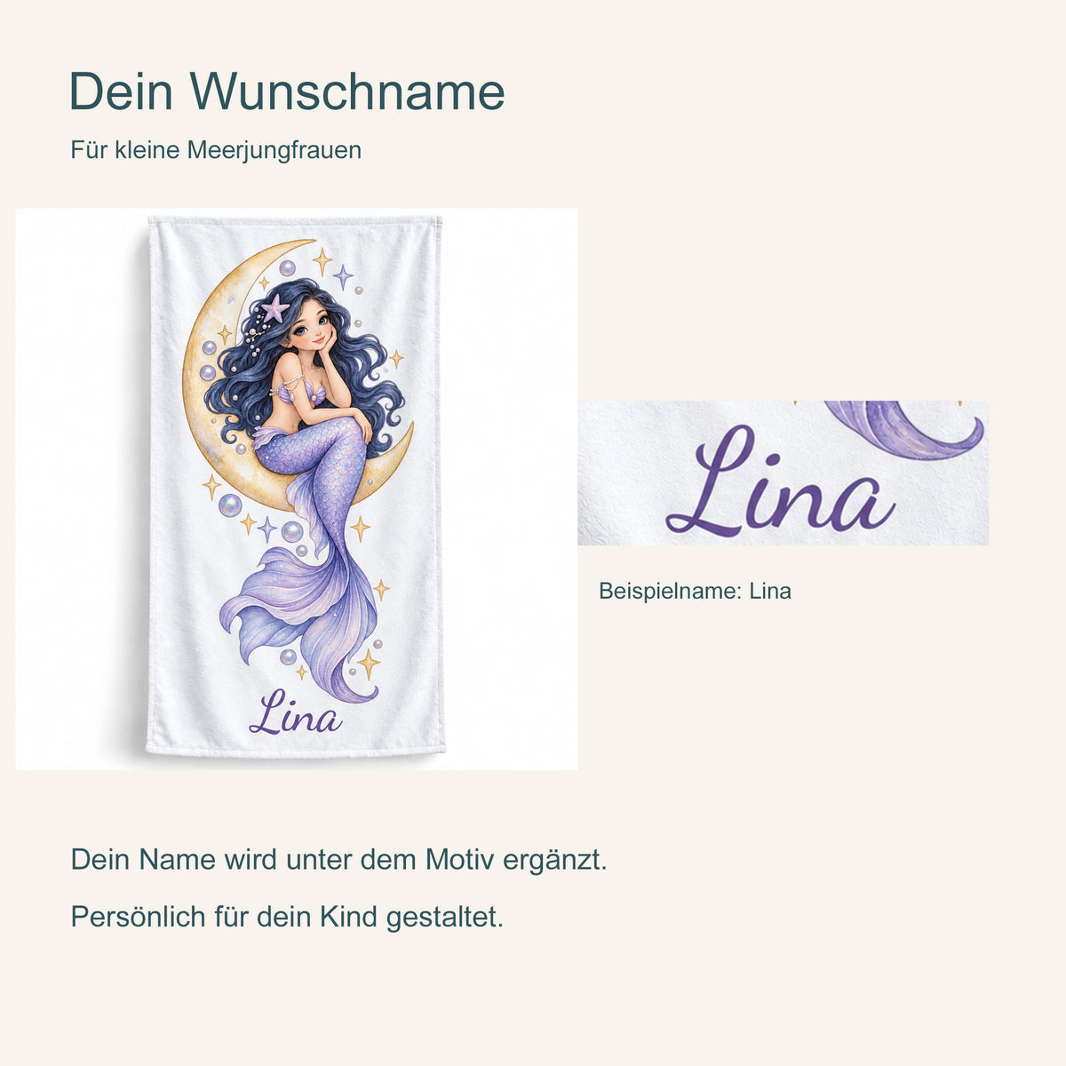 Personalisierung am Handtuch Mondschein im Meer: Gesamtansicht und vergrößerter Beispielname Lina.