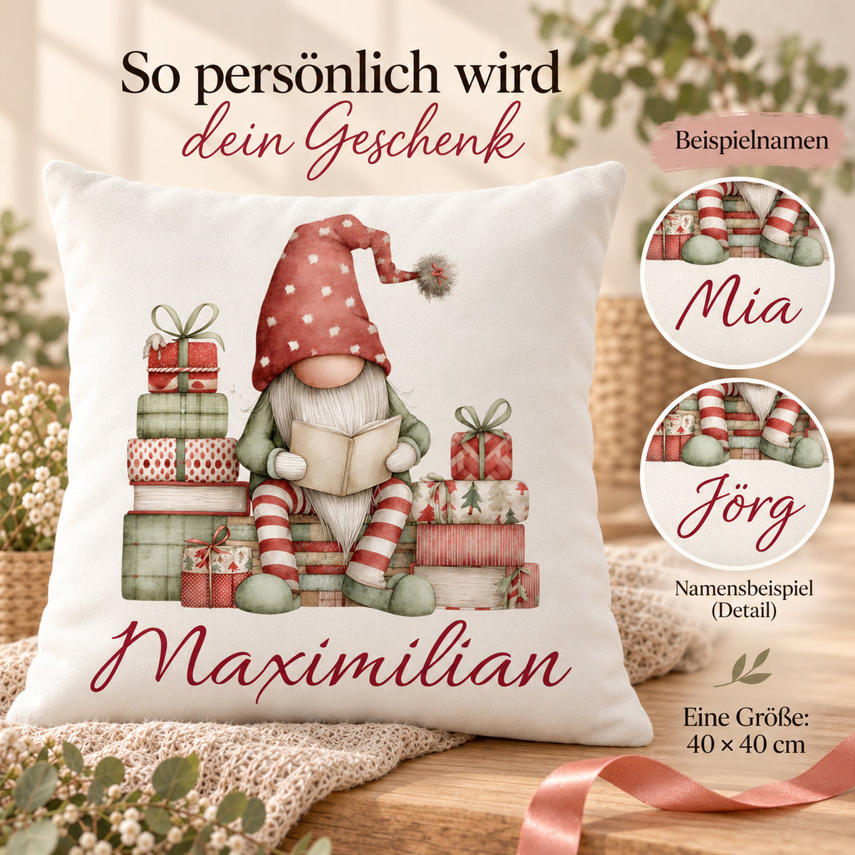 Weihnachtswichtel-Kissenbezug Gemütliche Lesestunde, 40 × 40 cm: Personalisierungsbeispiele.