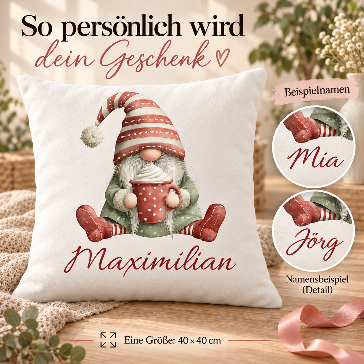 Weihnachtswichtel-Kissenbezug Kakaozeit, 40 × 40 cm: Personalisierungsbeispiele.