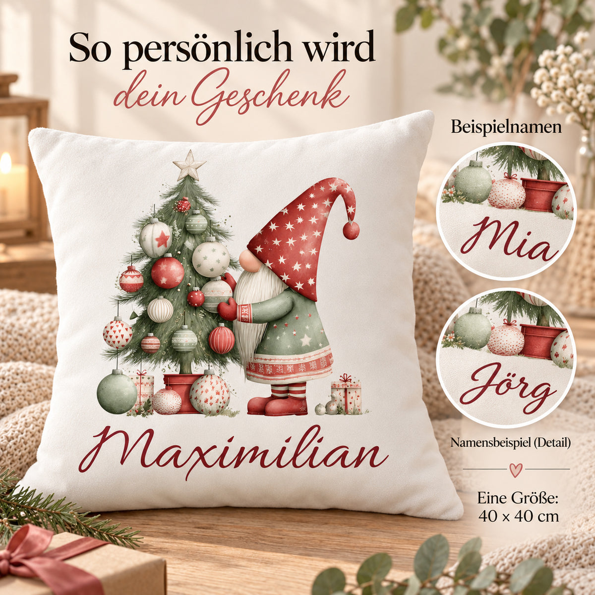 Weihnachtswichtel-Kissenbezug Weihnachtsbaum, 40 × 40 cm: Personalisierungsbeispiele.