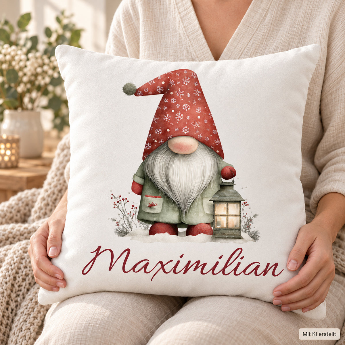 Weihnachtswichtel-Kissenbezug Laternenlicht, 40 × 40 cm, mit Beispielname Maximilian: Anwendungsansicht.