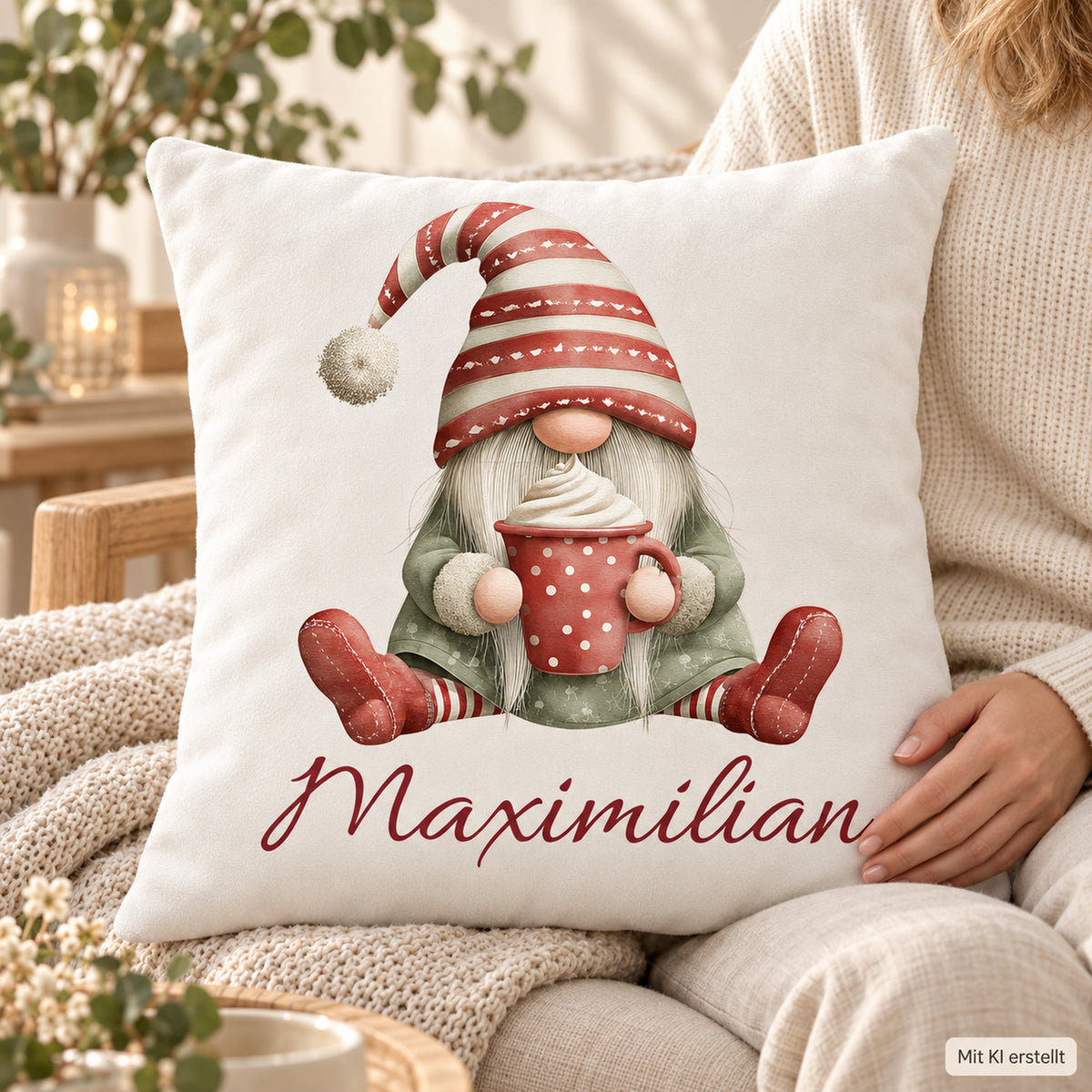 Weihnachtswichtel-Kissenbezug Kakaozeit, 40 × 40 cm, mit Beispielname Maximilian: Anwendungsansicht.