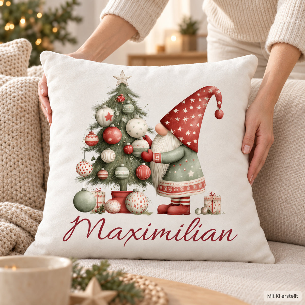 Weihnachtswichtel-Kissenbezug Weihnachtsbaum, 40 × 40 cm, mit Beispielname Maximilian: Anwendungsansicht.