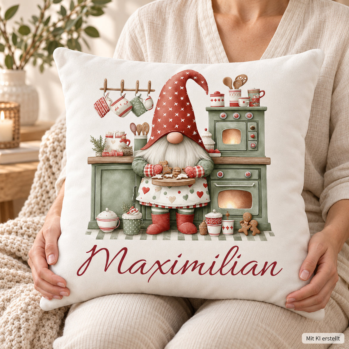 Weihnachtswichtel-Kissenbezug Weihnachtsbäckerei, 40 × 40 cm, mit Beispielname Maximilian: Anwendungsansicht.