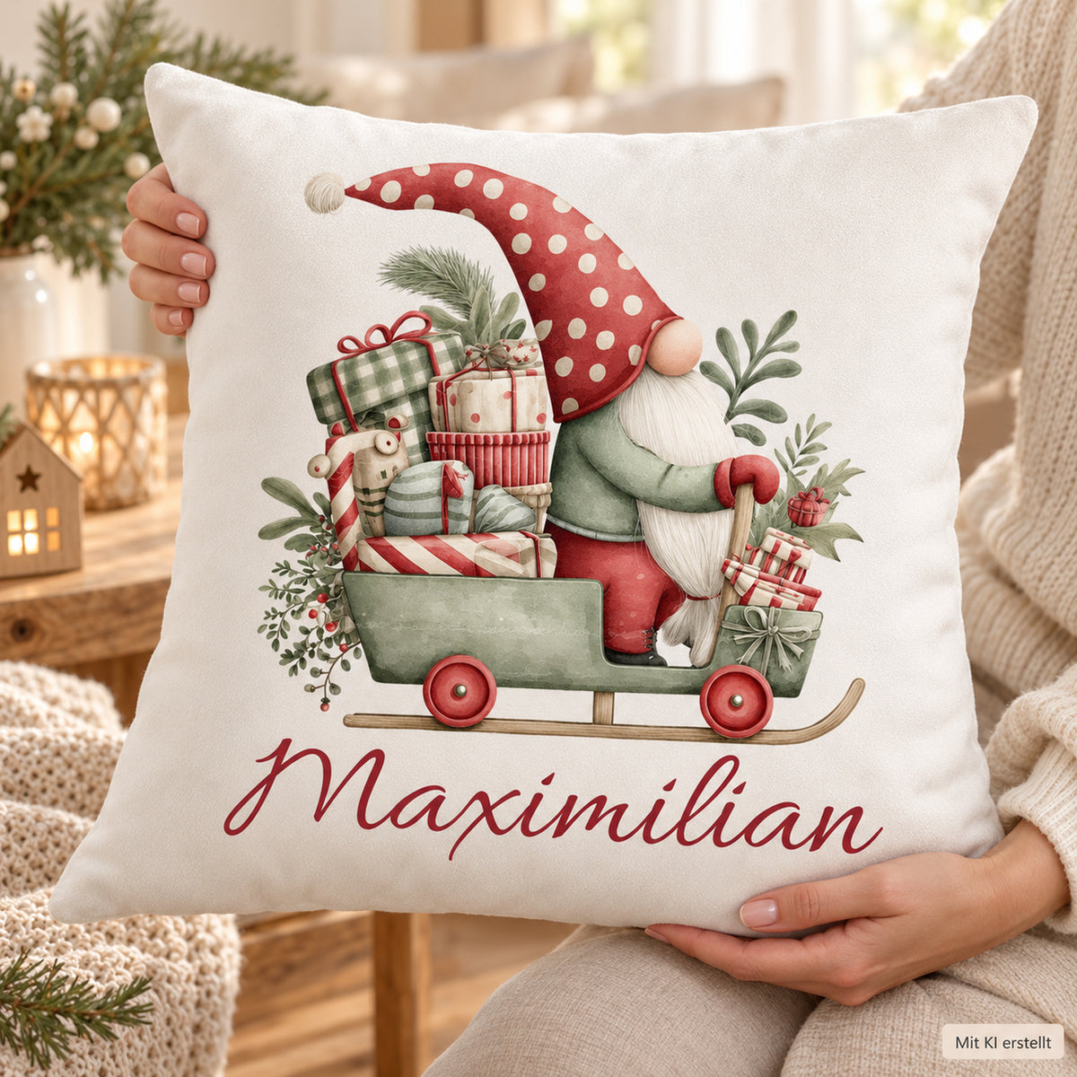 Weihnachtswichtel-Kissenbezug Geschenkschlitten, 40 × 40 cm, mit Beispielname Maximilian: Anwendungsansicht.