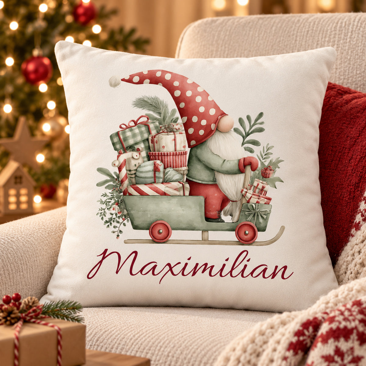 Weihnachtswichtel-Kissenbezug Geschenkschlitten, 40 × 40 cm, mit Beispielname Maximilian: Wohnszene.