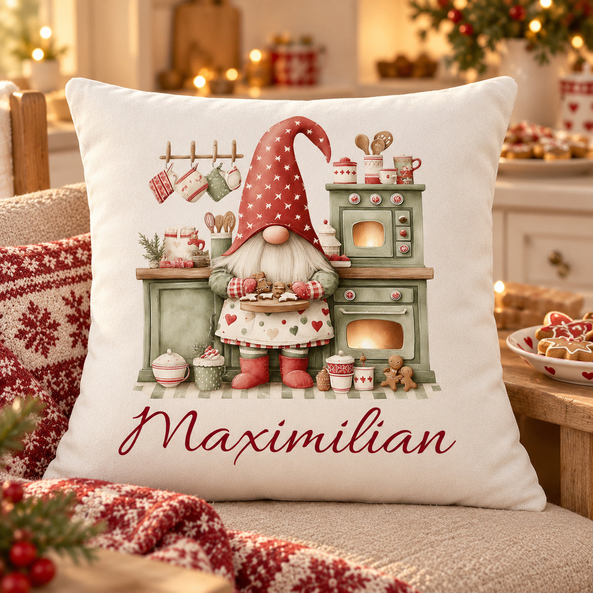 Weihnachtswichtel-Kissenbezug Weihnachtsbäckerei, 40 × 40 cm, mit Beispielname Maximilian: Wohnszene.