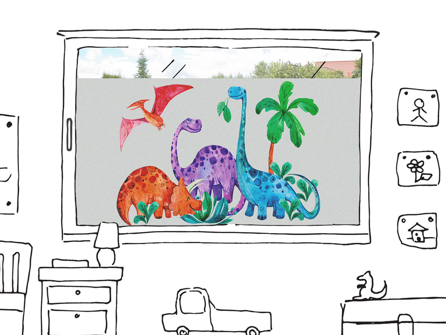 Bunte Dinosaurier und ein Flugsaurier im Fenster.