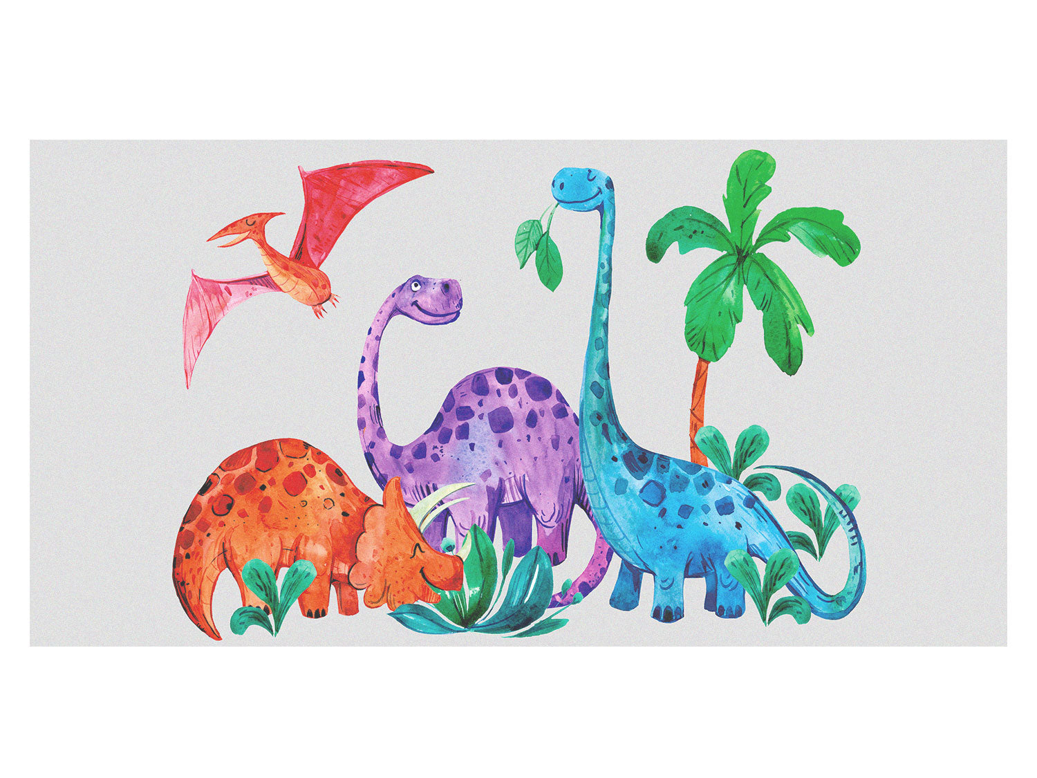 Bunte Dinosaurier in lila, orange und blau mit Pflanzen.