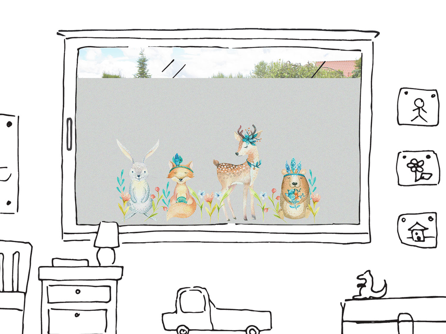 Waldtiere in sanften Farben, Fensterdekoration mit Hasen und Reh.