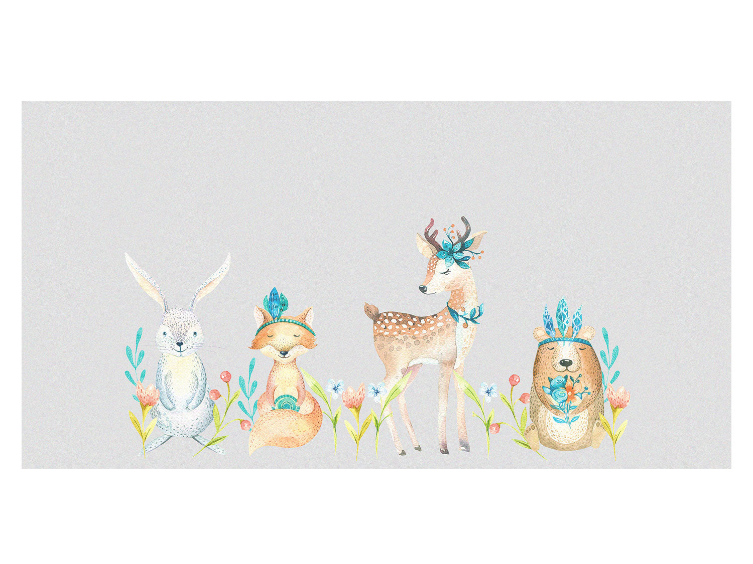 Hase, Fuchs, Reh und Bär mit Blumenmotiven auf grauem Hintergrund.