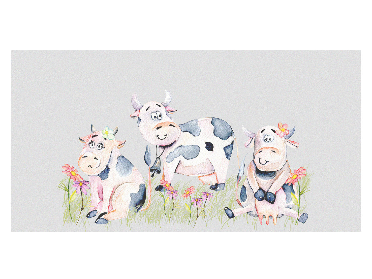 Drei fröhliche Kühe mit Blumen auf grauem Hintergrund.