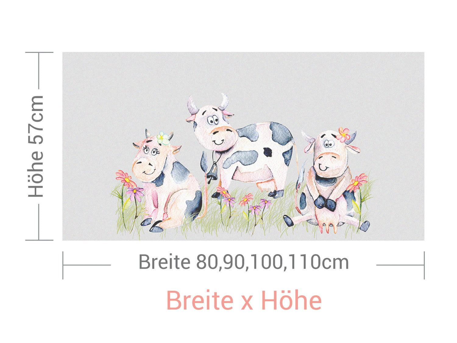 Drei bunte Kühe auf grauem Hintergrund mit Blumen.