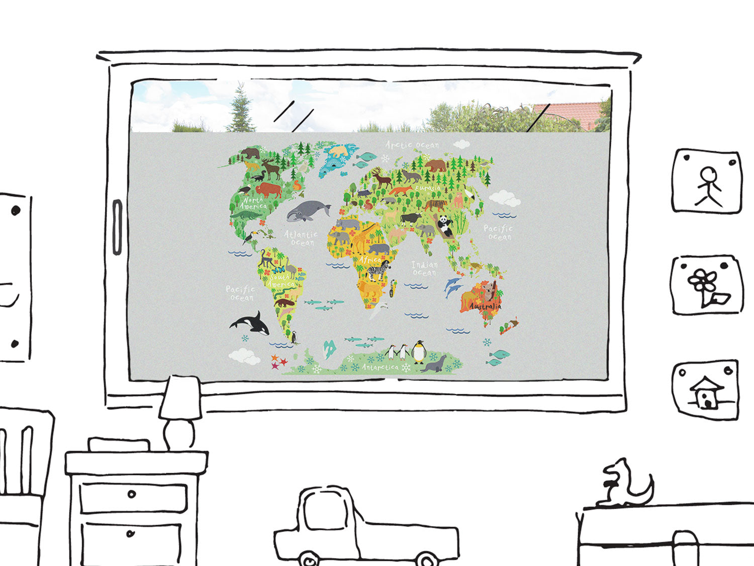 Bunte Weltkarte mit Tieren und Landschaften.