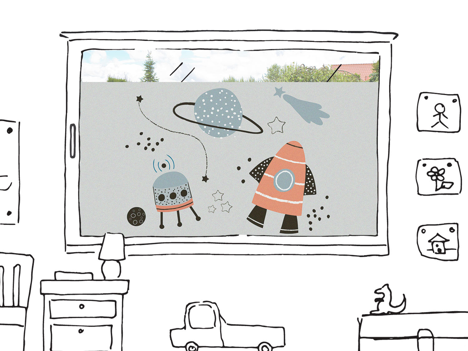 Fenster mit bunten Weltraum-Motiven, Rakete und Roboter.
