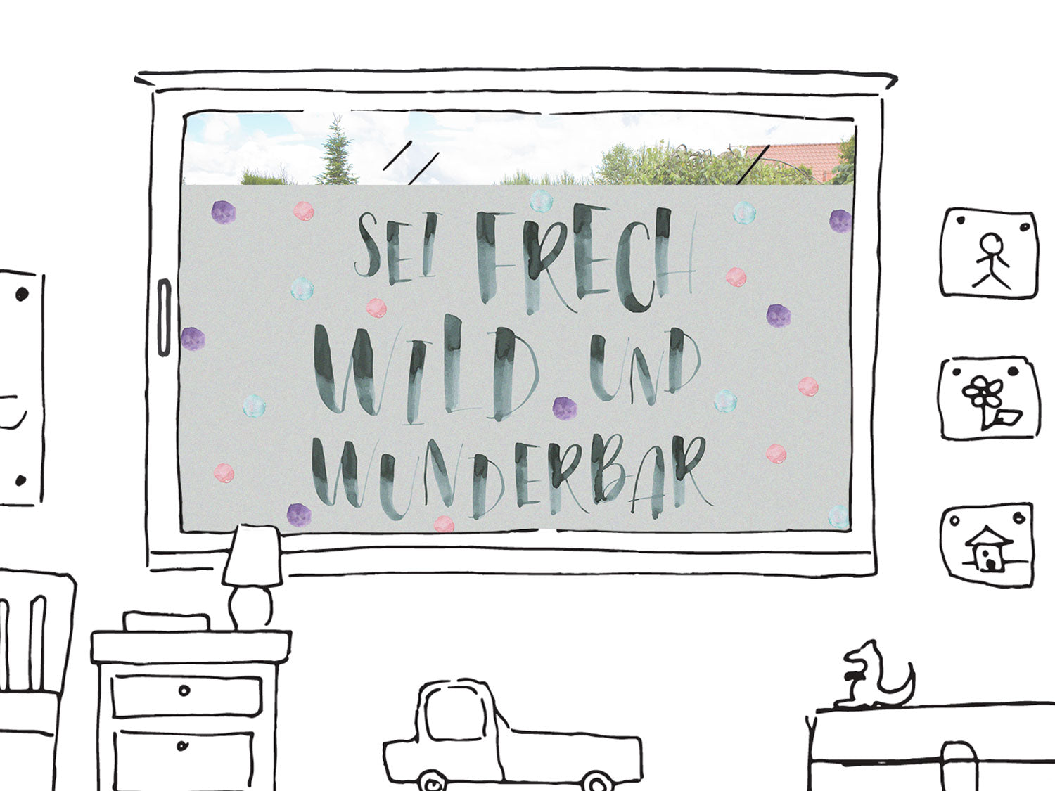 Graue Wanddekoration mit bunten Punkten und Spruch.