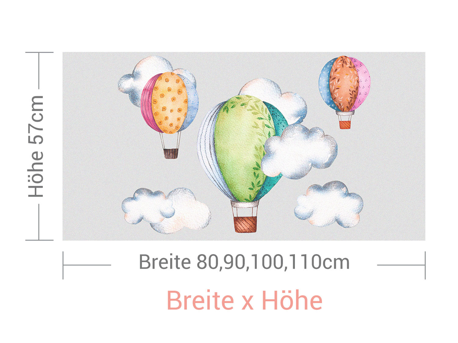 Bunte Heißluftballons mit Wolken, verschiedene Größen.