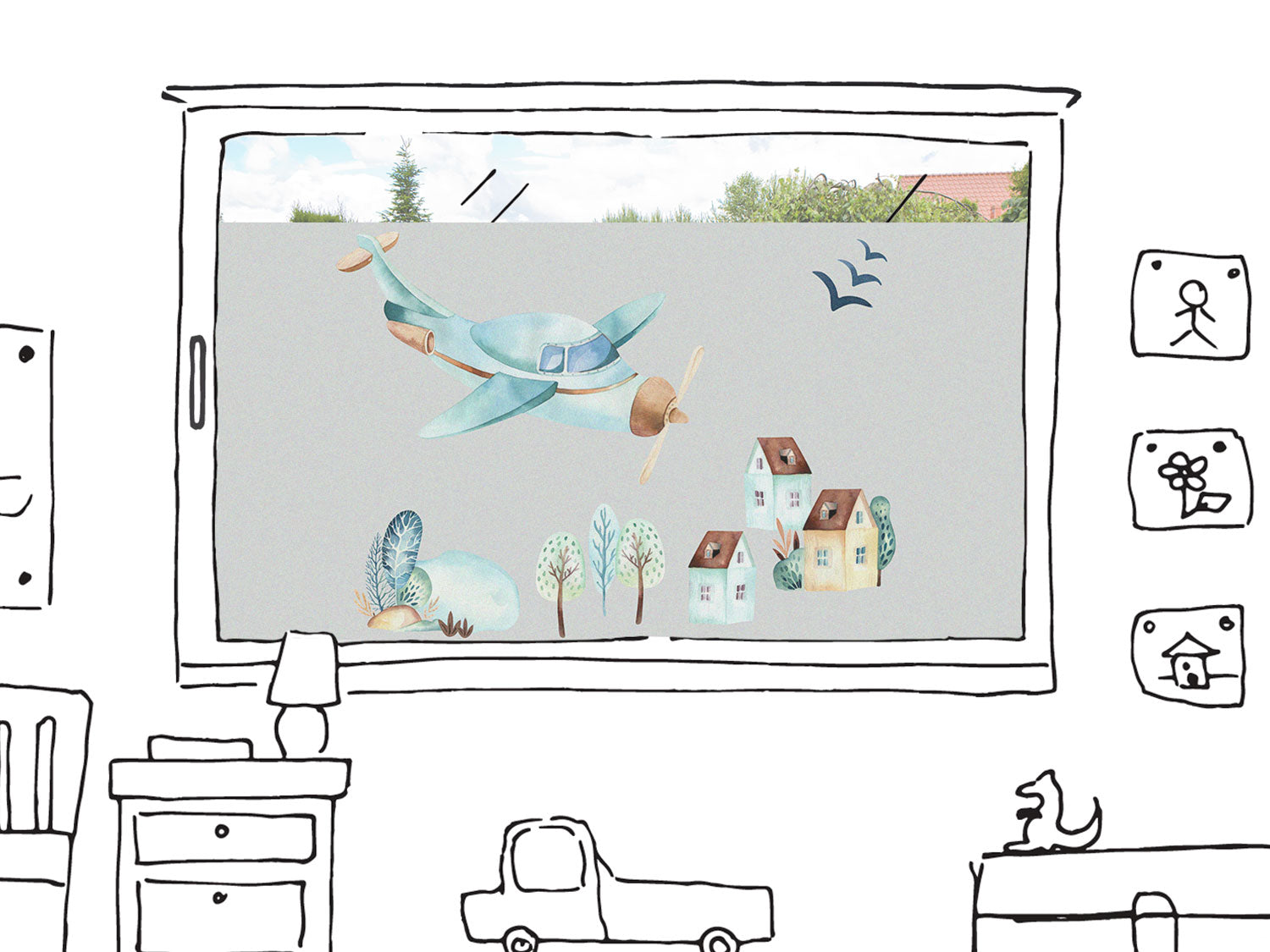 Flugzeug in Hellblau über bunten Häusern und Bäumen.