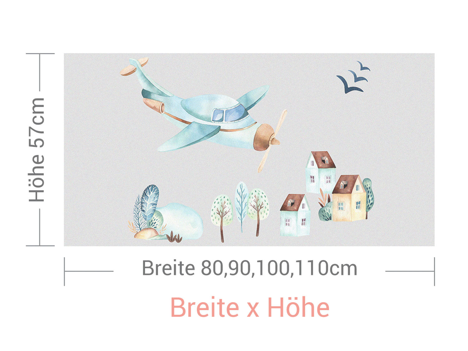 Flugzeug in Blau über bunten Häusern und Bäumen.