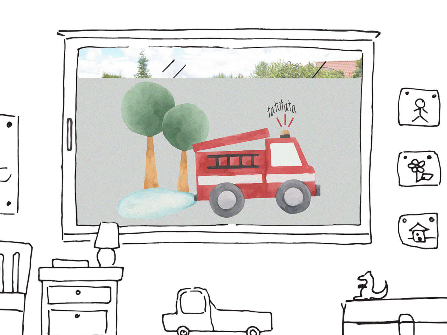 Rotes Feuerwehrauto vor Bäumen und blauem Wasser.