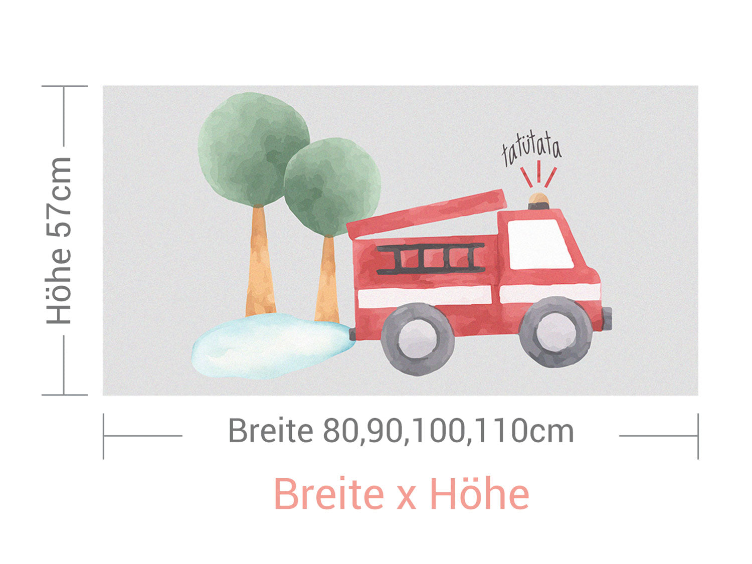 Rotes Feuerwehrfahrzeug mit Bäumen, 80-110 cm breit.