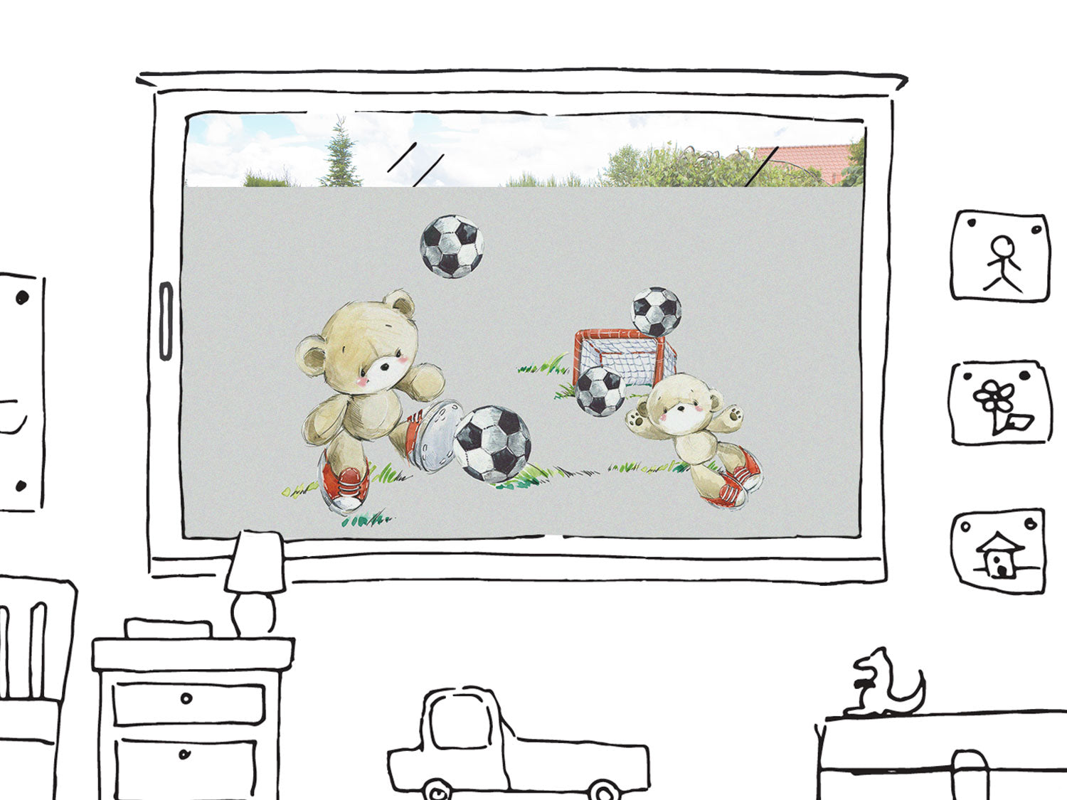 Kuscheltier-Fensterdekoration mit Fußballmotiven in Pastellfarben.
