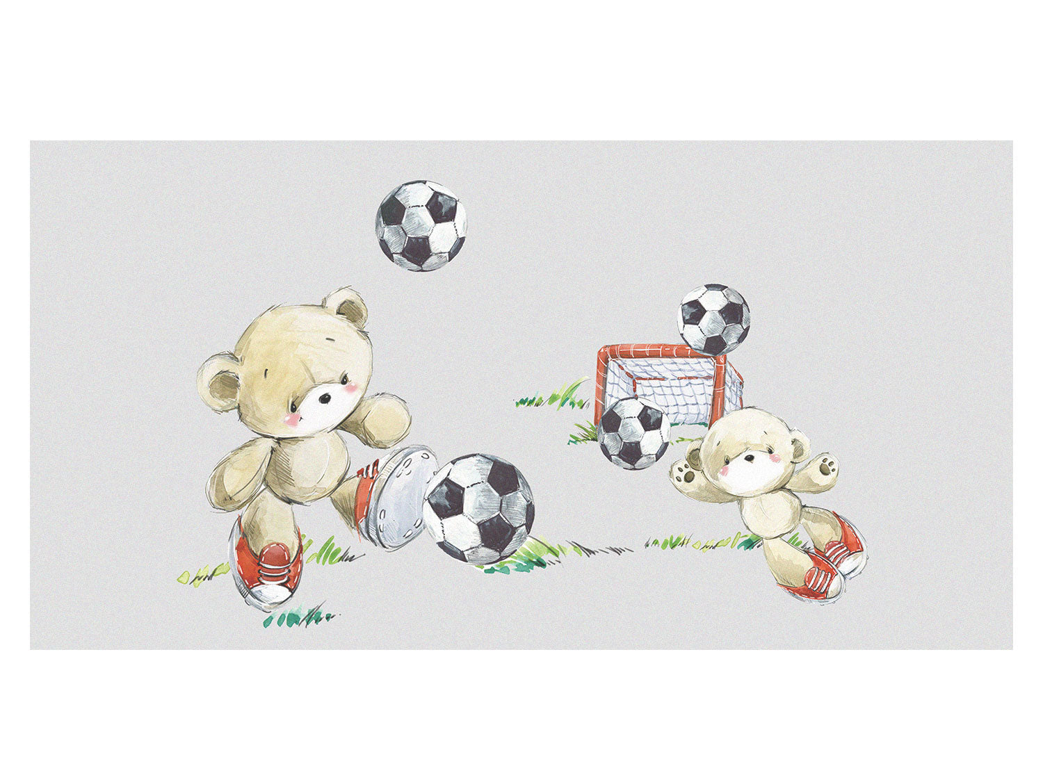 Zwei Bären mit Fußball, grauer Hintergrund, bunte Details.