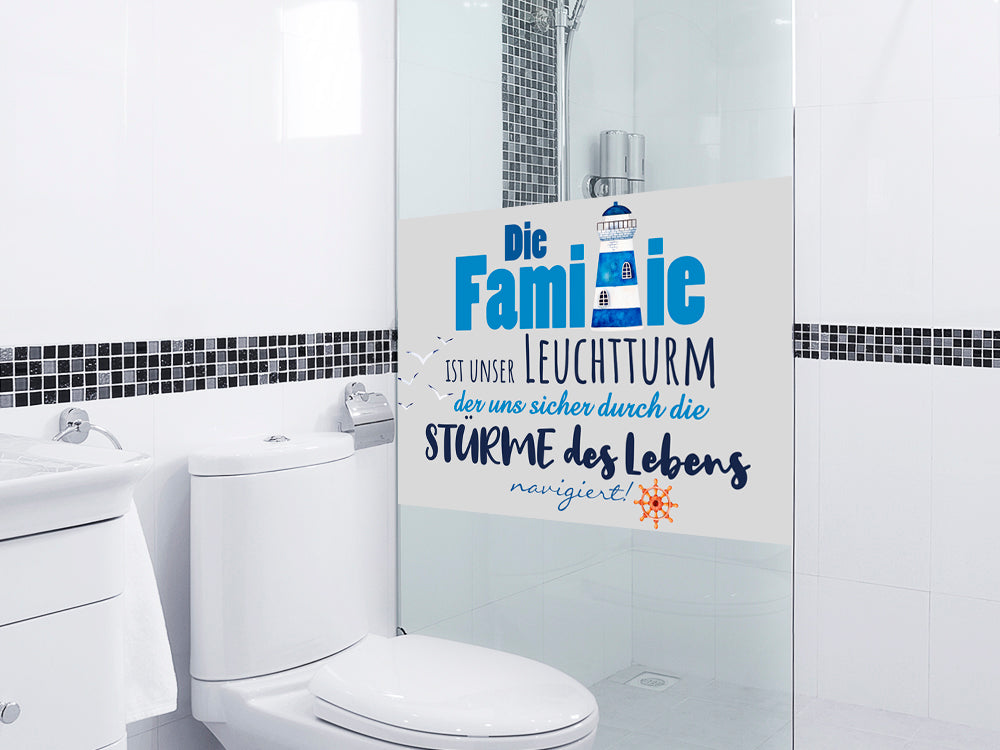Fensterfolie Leuchtturm mit Familienspruch