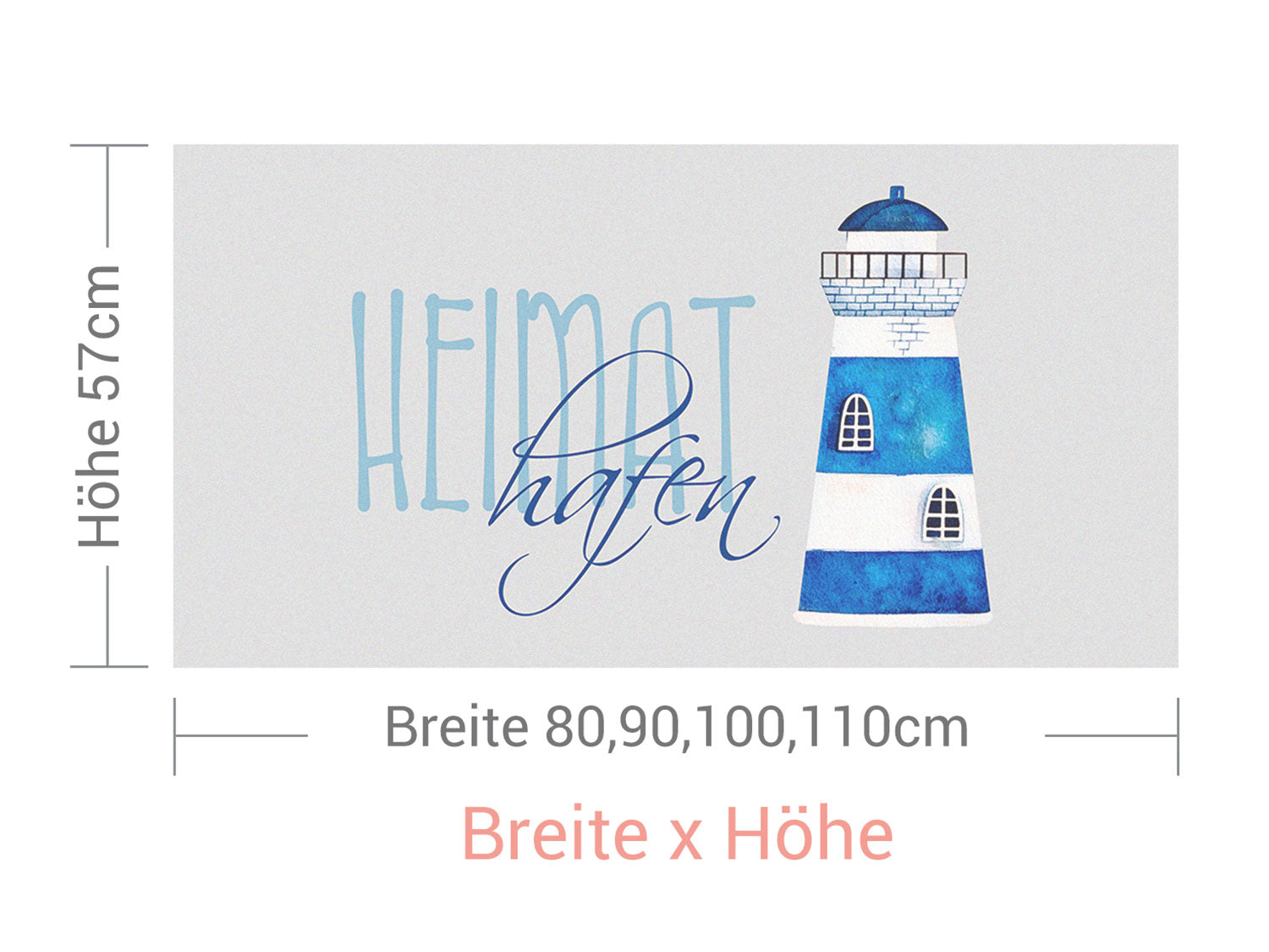 Leuchtturm in Blau und Weiß mit Schriftzug „Heimat Hafen“.