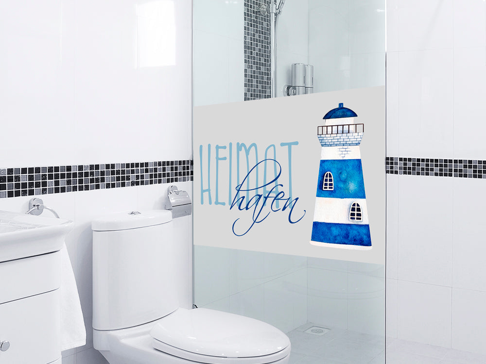 Fensterfolie Leuchtturm mit Spruch „Heimathafen“
