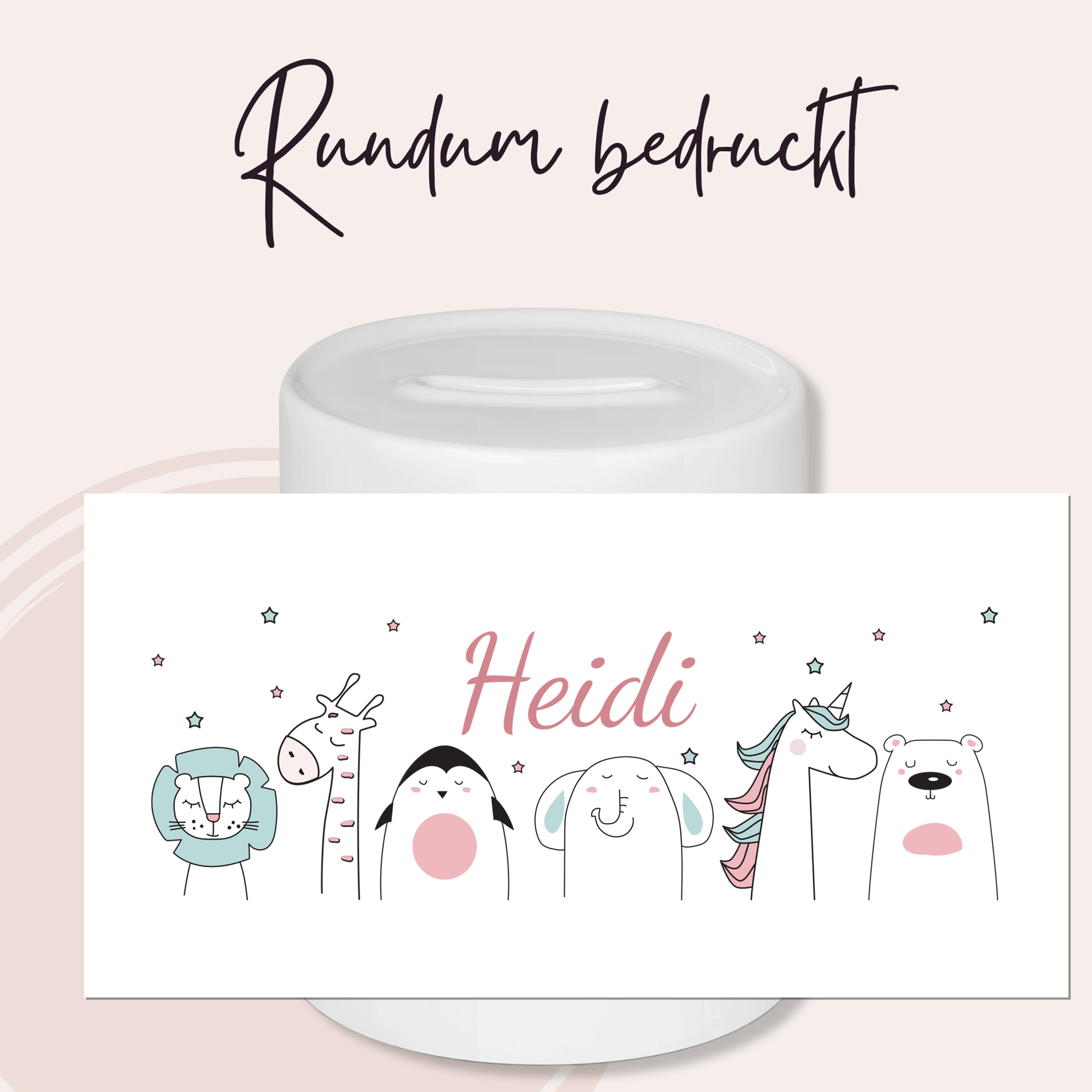 Spardose mit fröhlichen Tieren