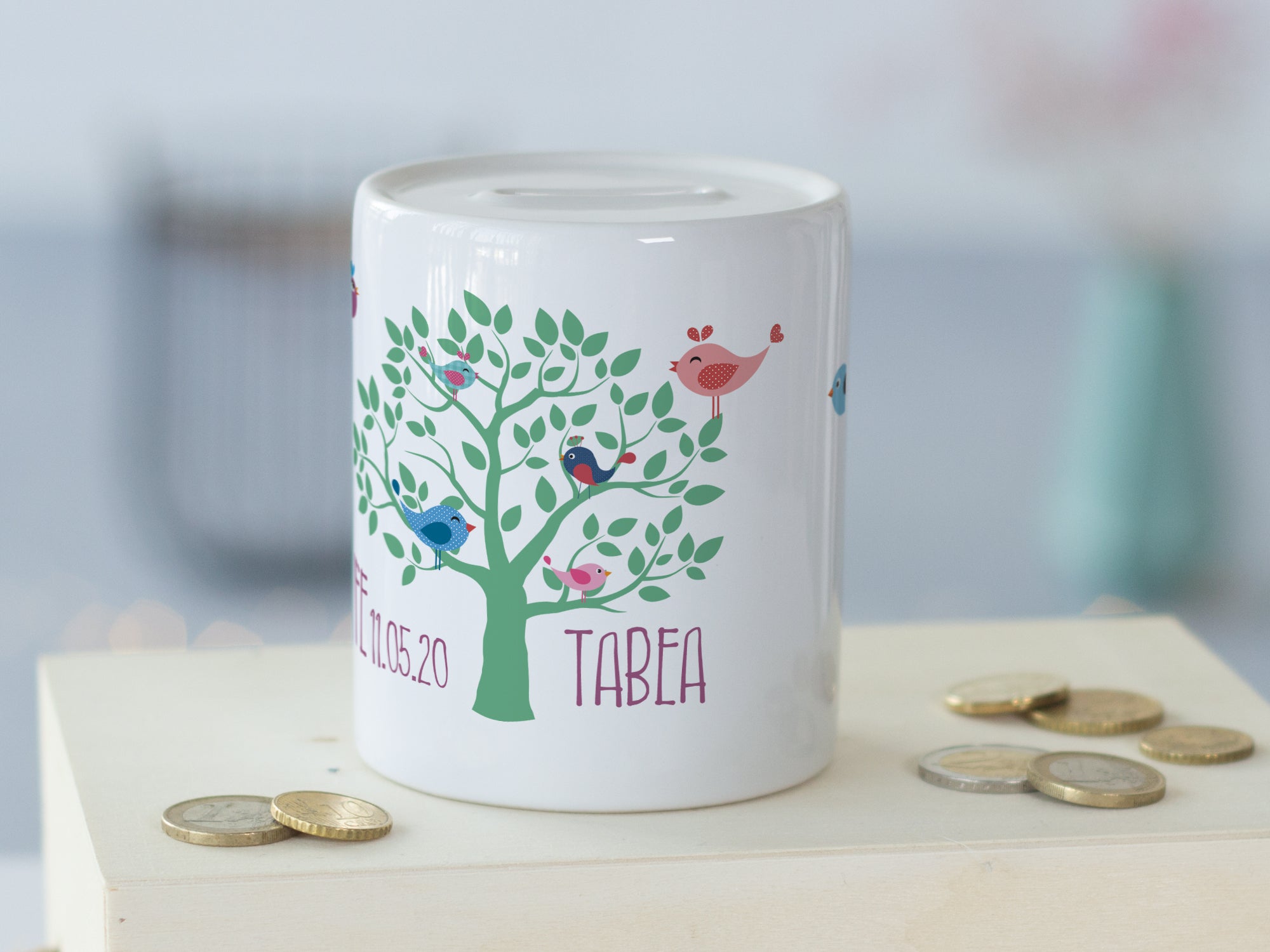 Spardose mit bunten Vögeln - Ein einzigartiges Taufgeschenk