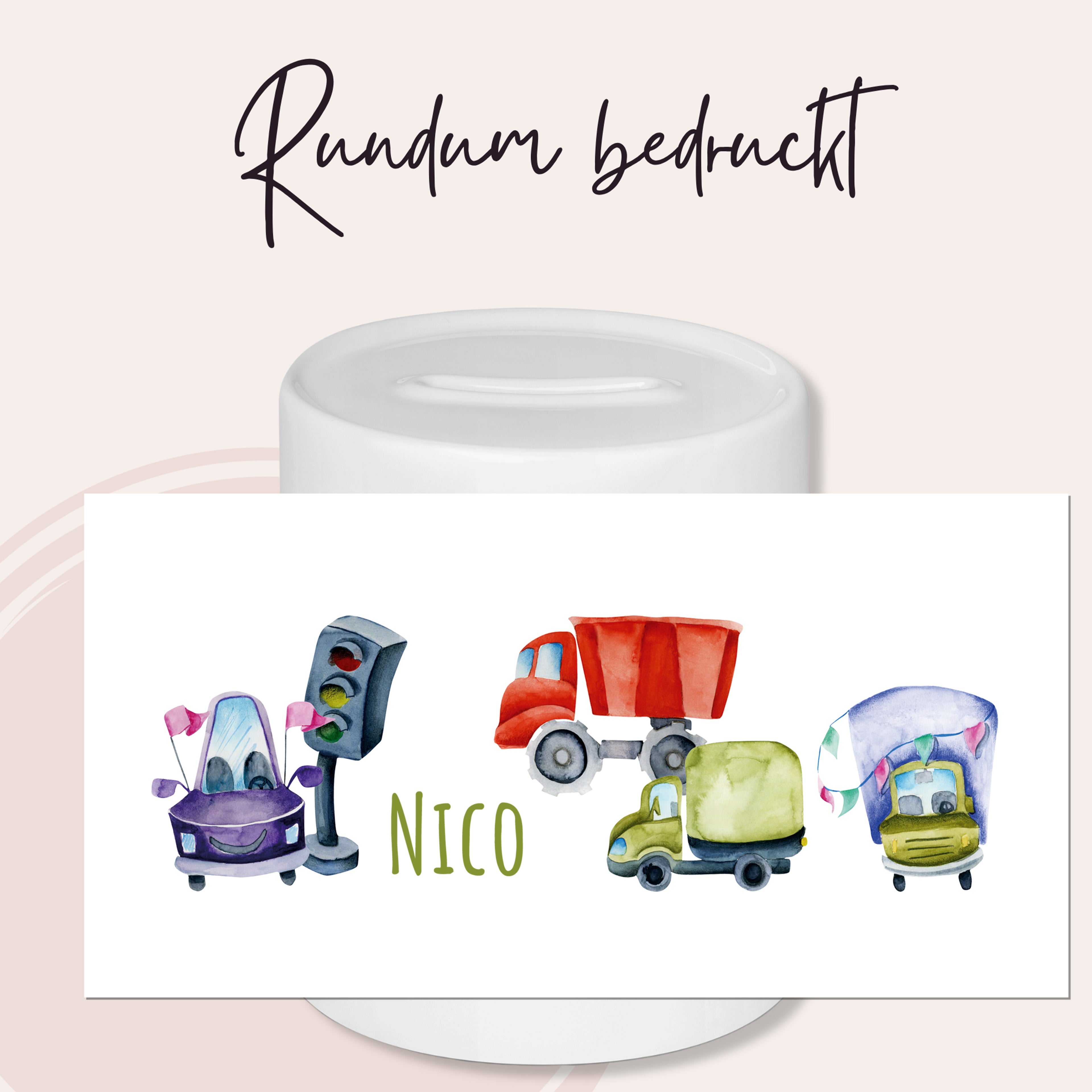 Spardose mit bunten Fahrzeugen