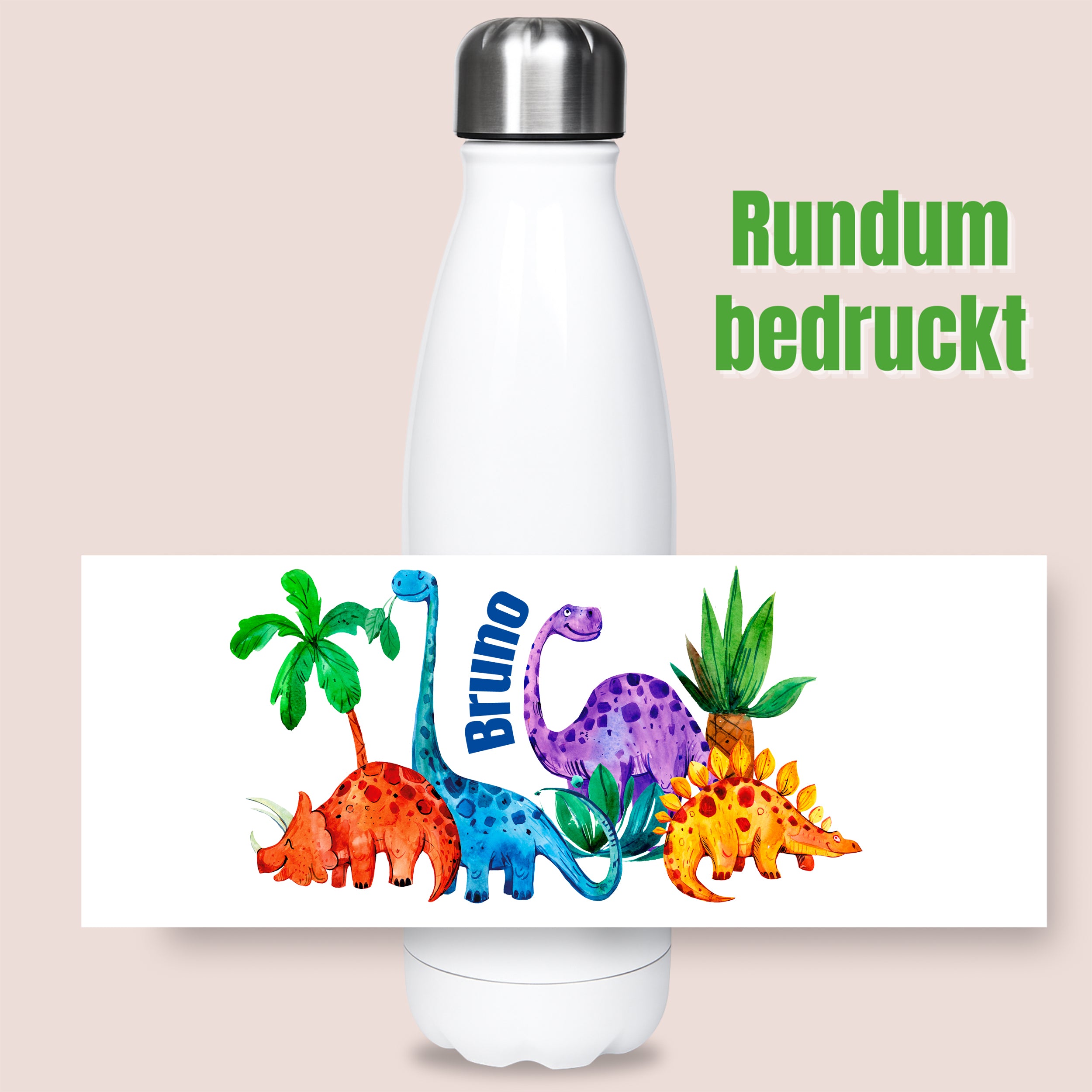 Weiße Trinkflasche mit bunten Dinosauriern und Namen Bruno.