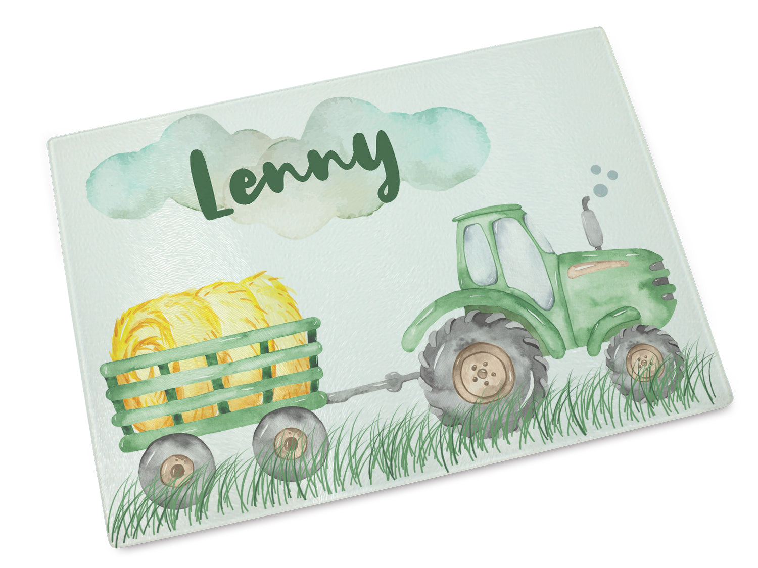 Grüner Traktor mit Heuwagen und Namen "Lenny" in Wolken.