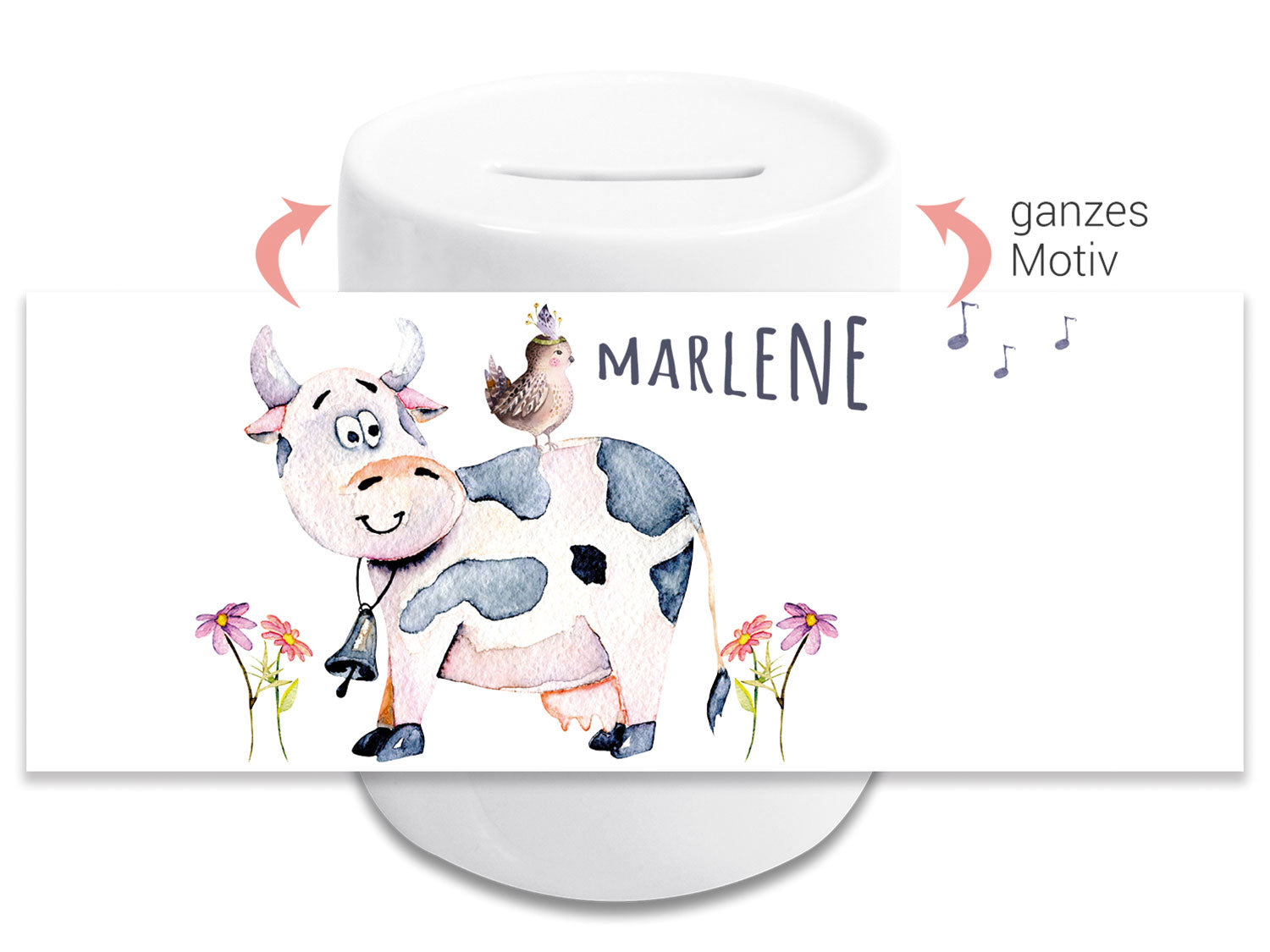 Sparschwein mit Kuhmotiv und personalisiertem Namen Marlene.