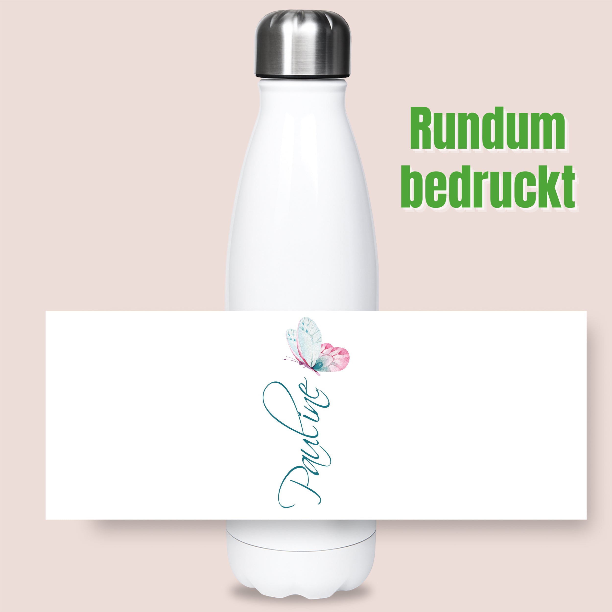 Weiße Trinkflasche mit buntem Schmetterlingsdesign.