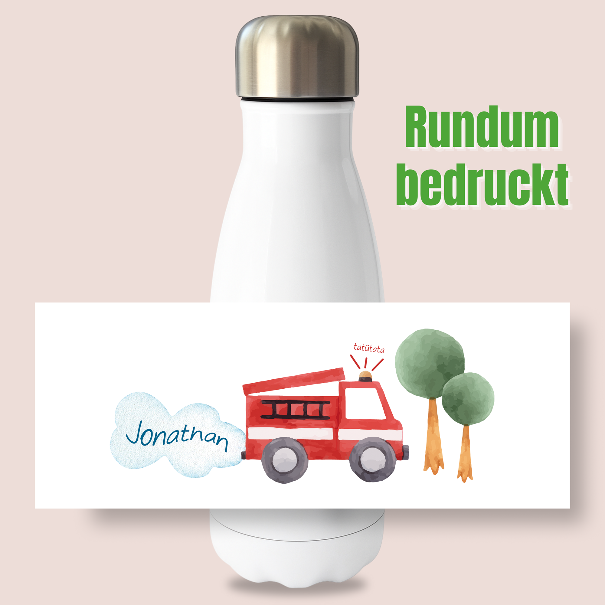 Weiße Trinkflasche mit rotem Feuerwehrwagen und Namen Jonathan.