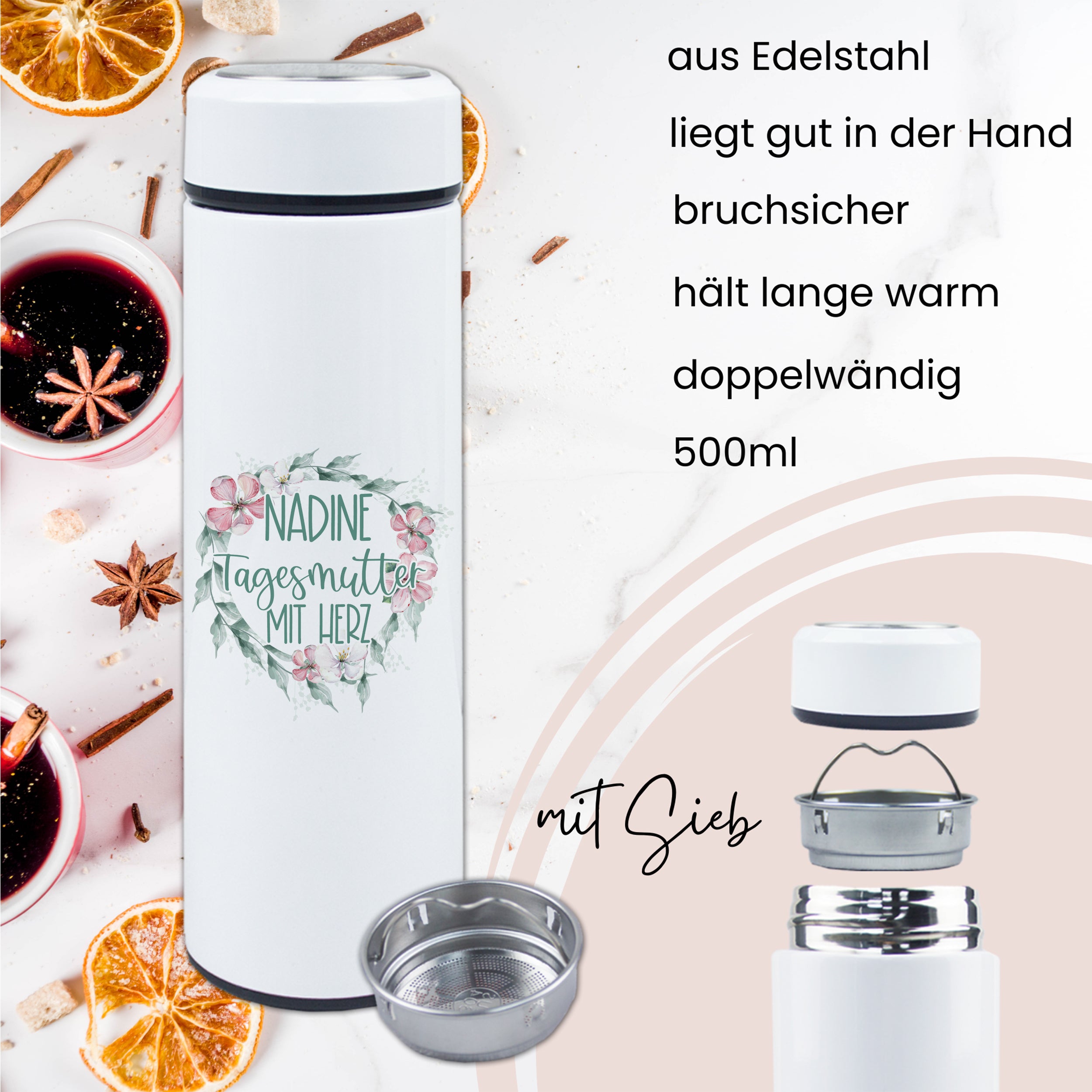 Edelstahl-Thermobecher, weiß, 500ml, bruchsicher, doppelwandig.