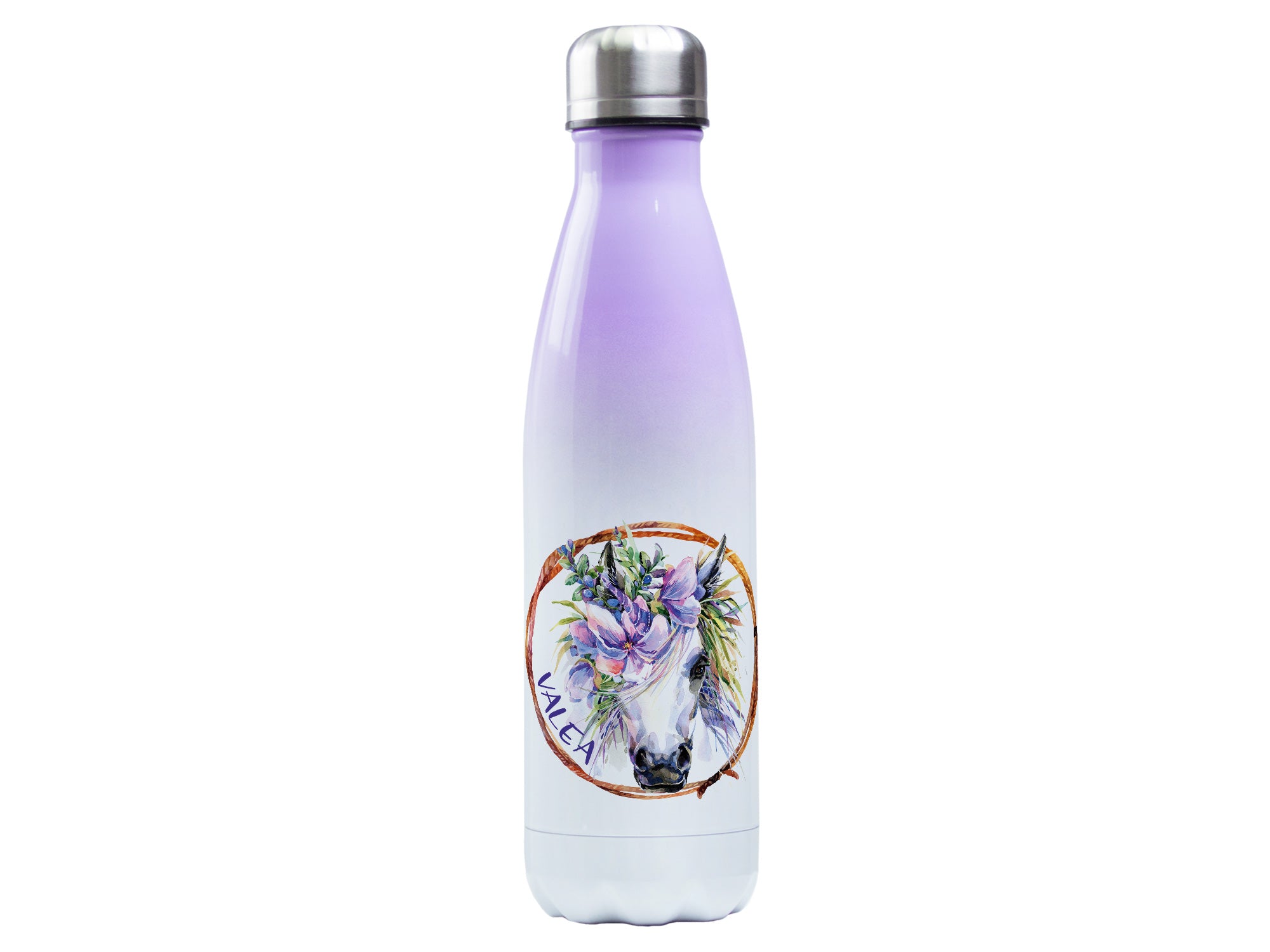 Lila Wasserflasche mit Einhorn-Motiv und floralen Details.