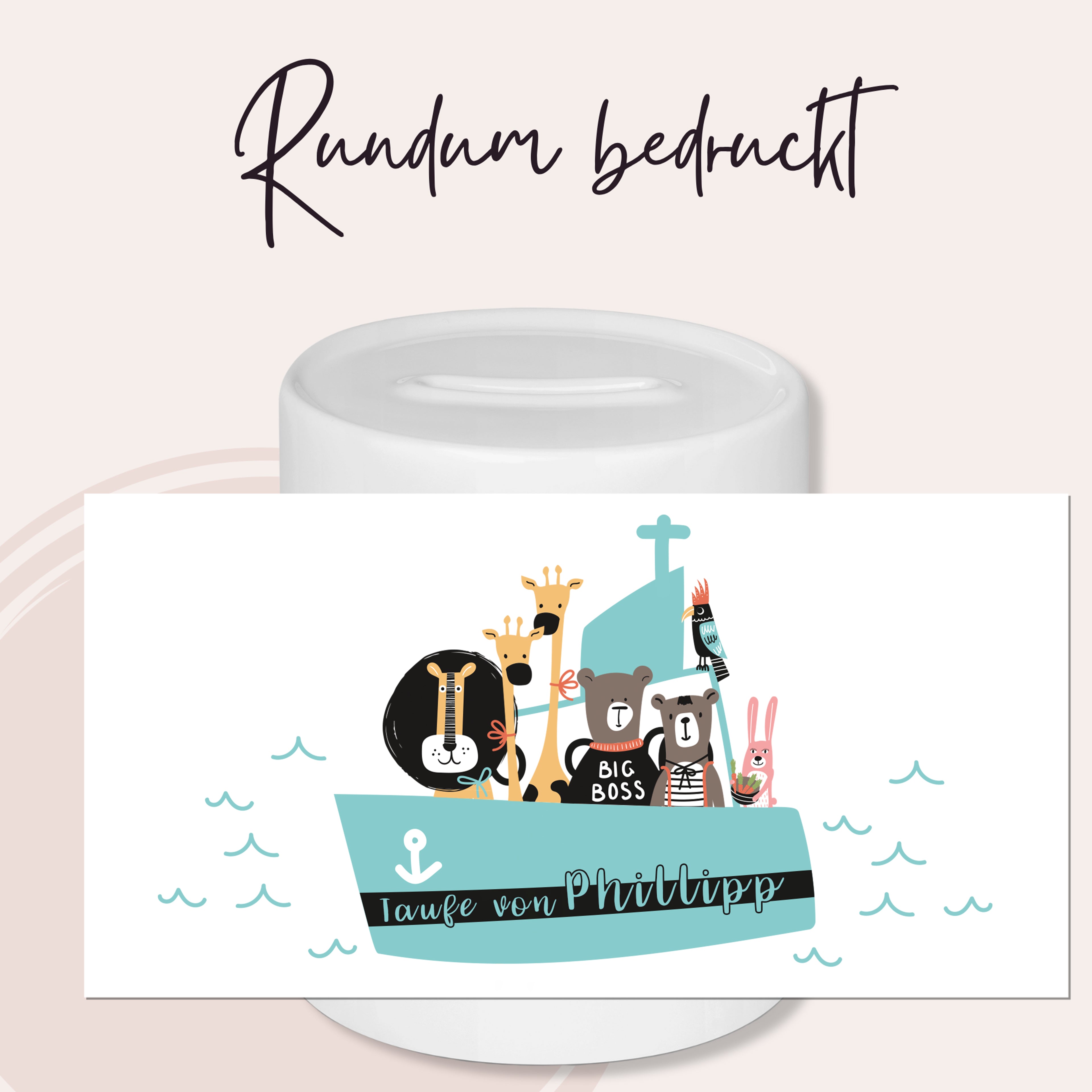 Spardose zur Taufe mit Tiermotiven