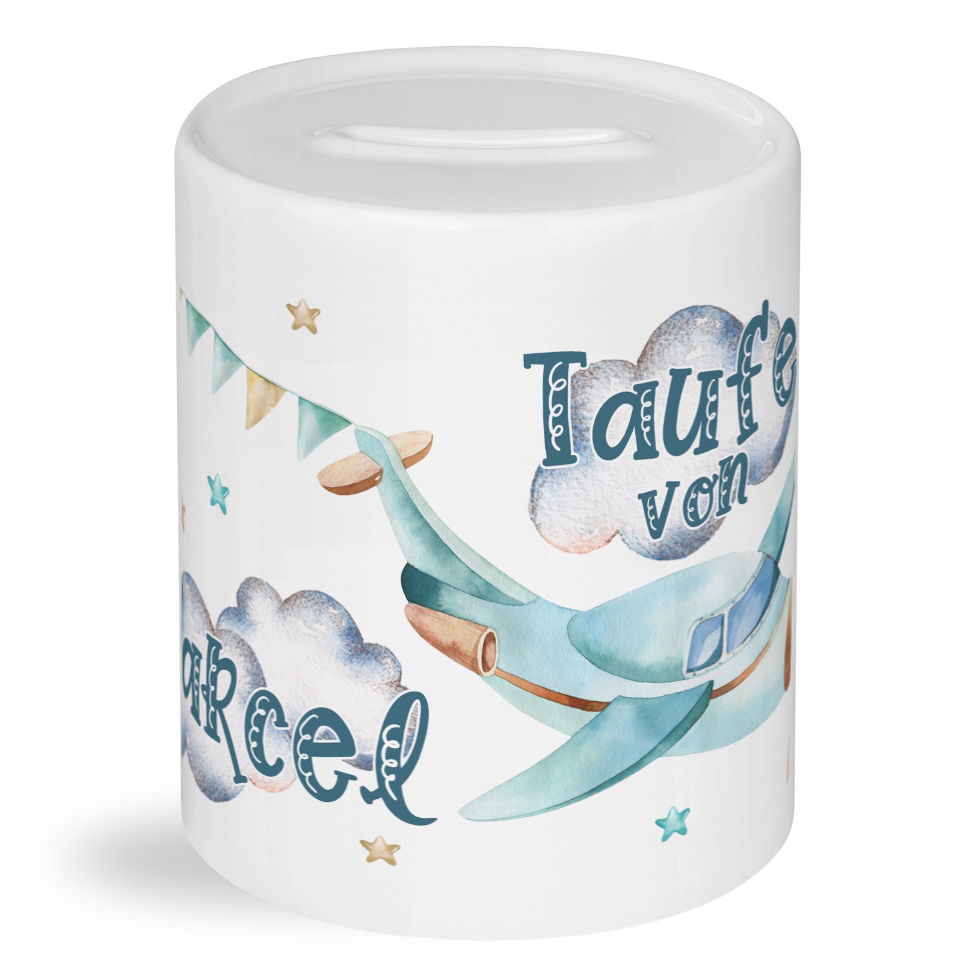 Spardose Taufe mit Flugzeug