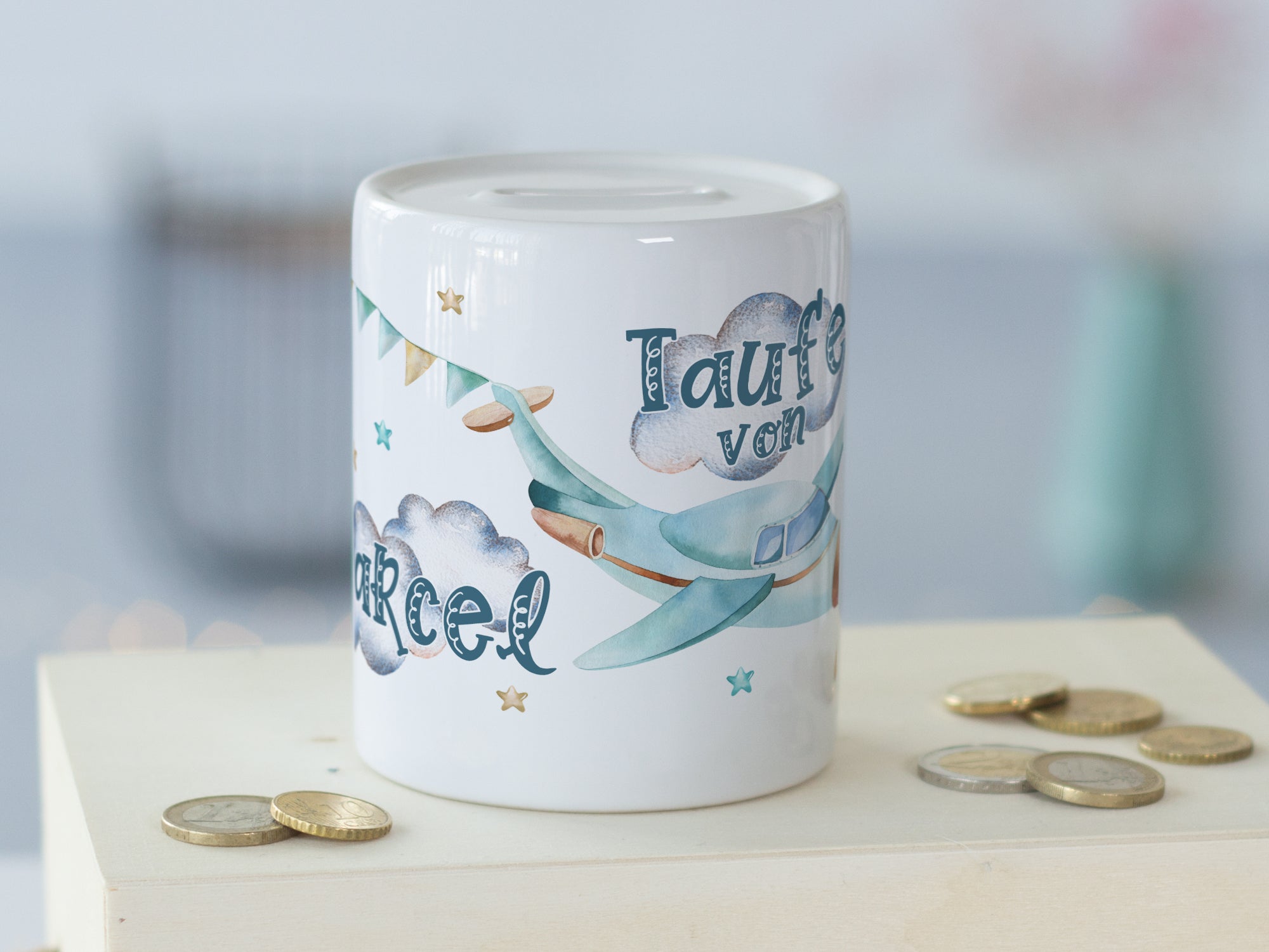 Spardose Taufe mit Flugzeug