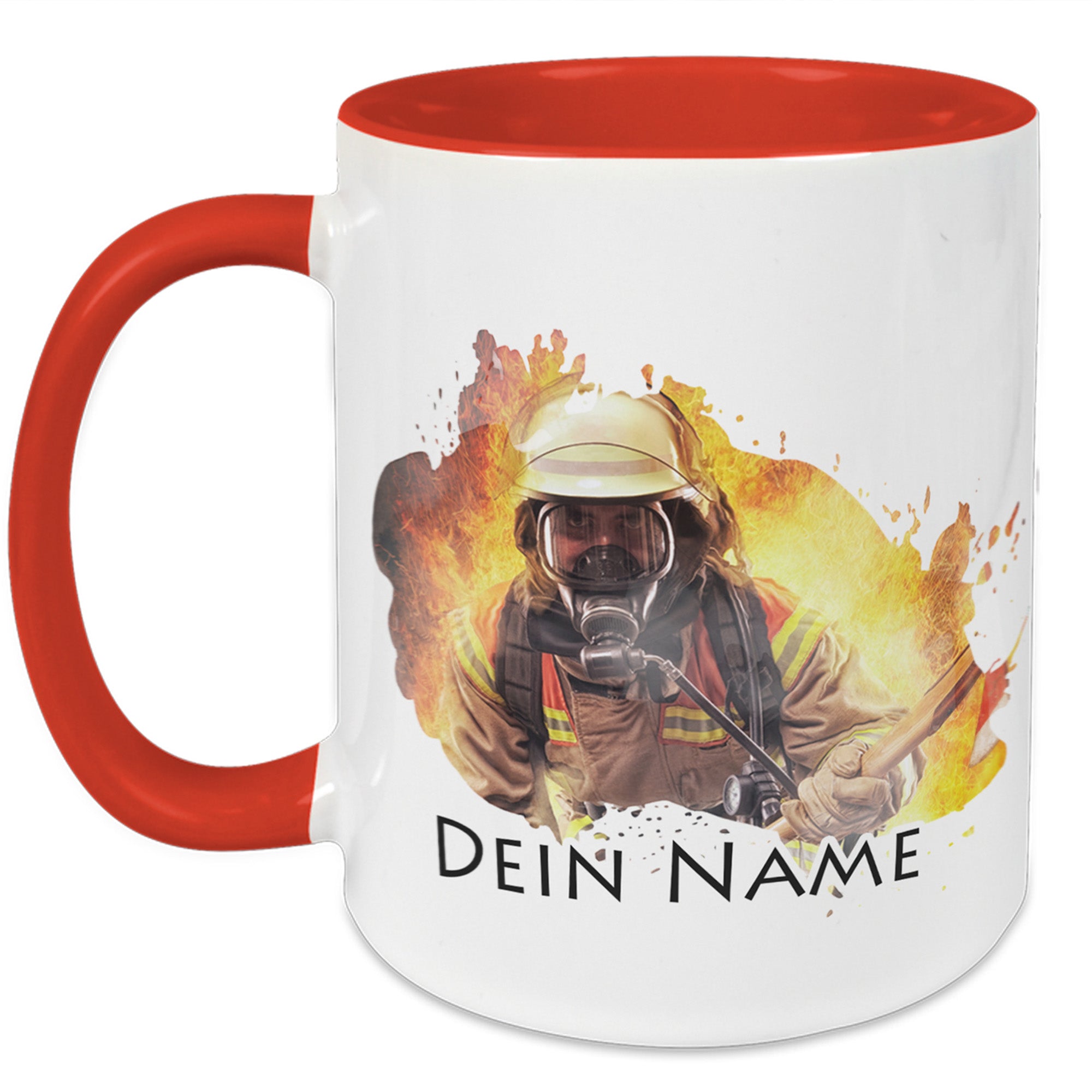 Tasse mit rotem Henkel, Feuerwehrmann-Motiv und personalisierbarem Text.